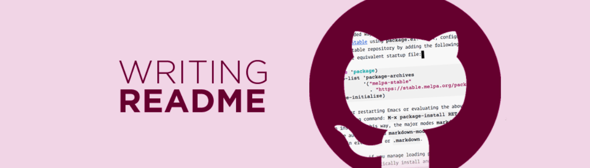 Illustration featuring the text 'Writing README' next to a GitHub Octocat logo and code snippet